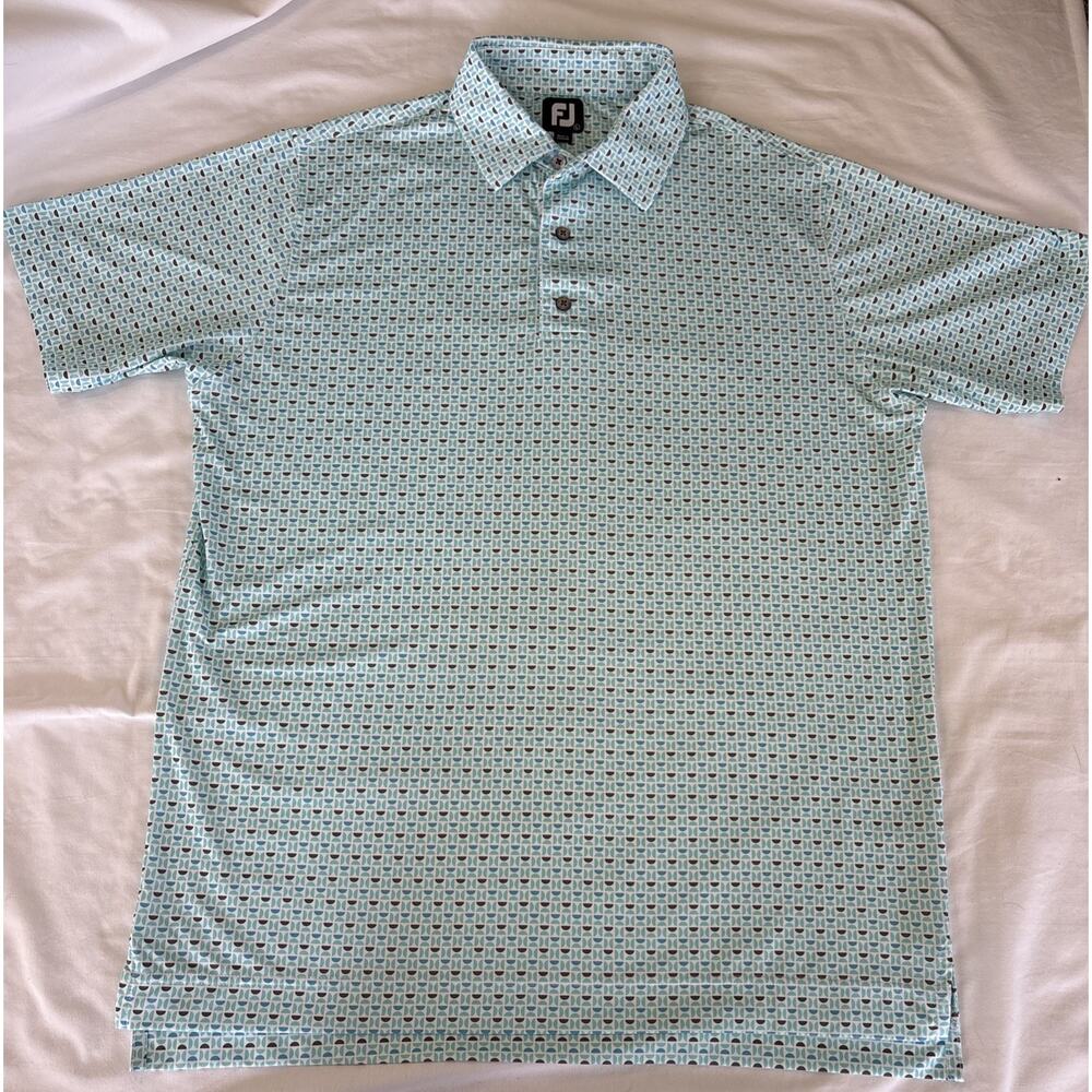 FootJoy FJ Teal Aqua Blue and Blue Golf Polo Shirt Lisle Half Moon Geo Mens L